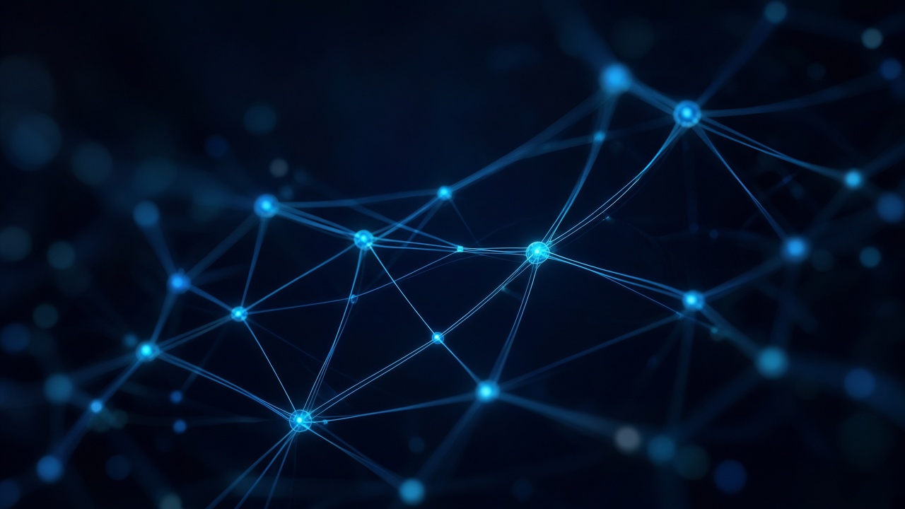 Rede abstrata de nós ligados por fios de luz azul, evocando machine learning.